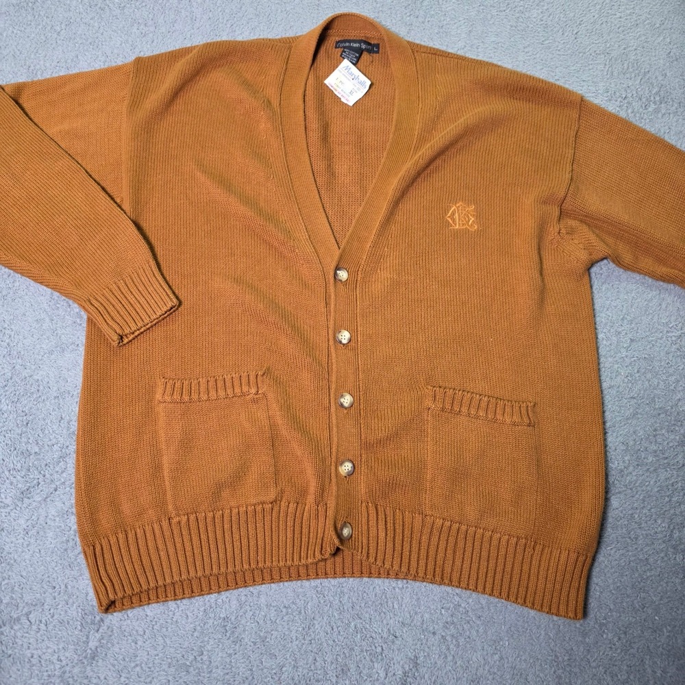 Calvin Klein Sport Mens L Cardigan Sweater Orange Cotton V-Neck Vintage 90s